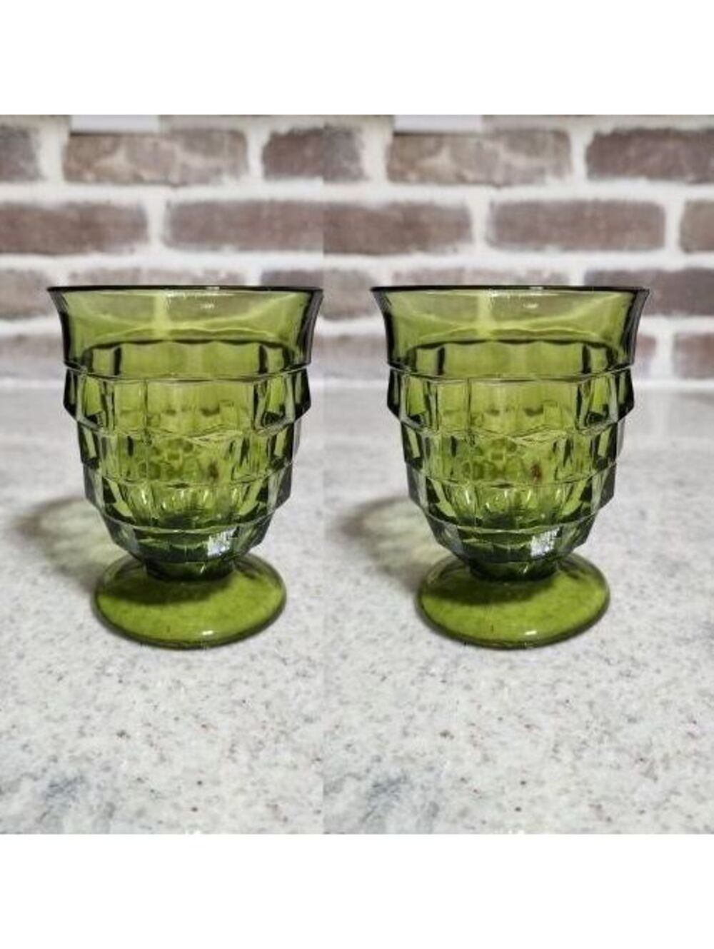 2 Indiana Colony Whitehall Cubist 4.5" Footed Juice Glasses Avocado Olive Green